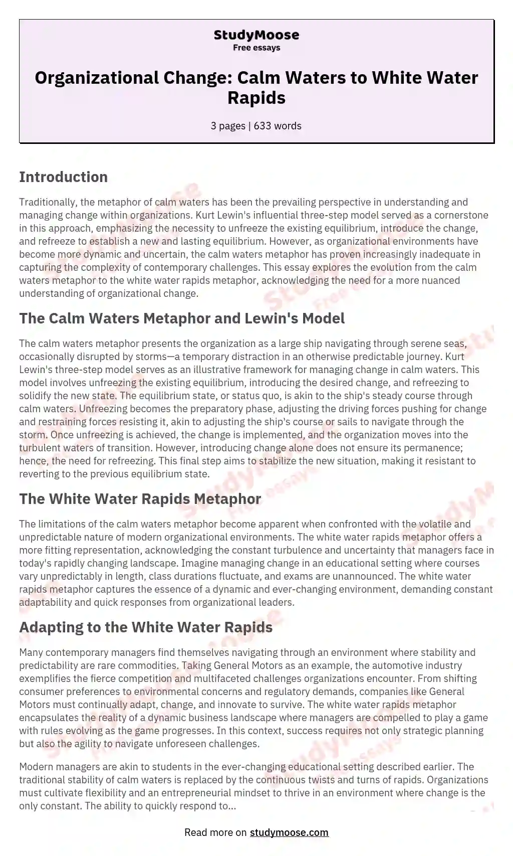 Organizational Change: Calm Waters to White Water Rapids essay