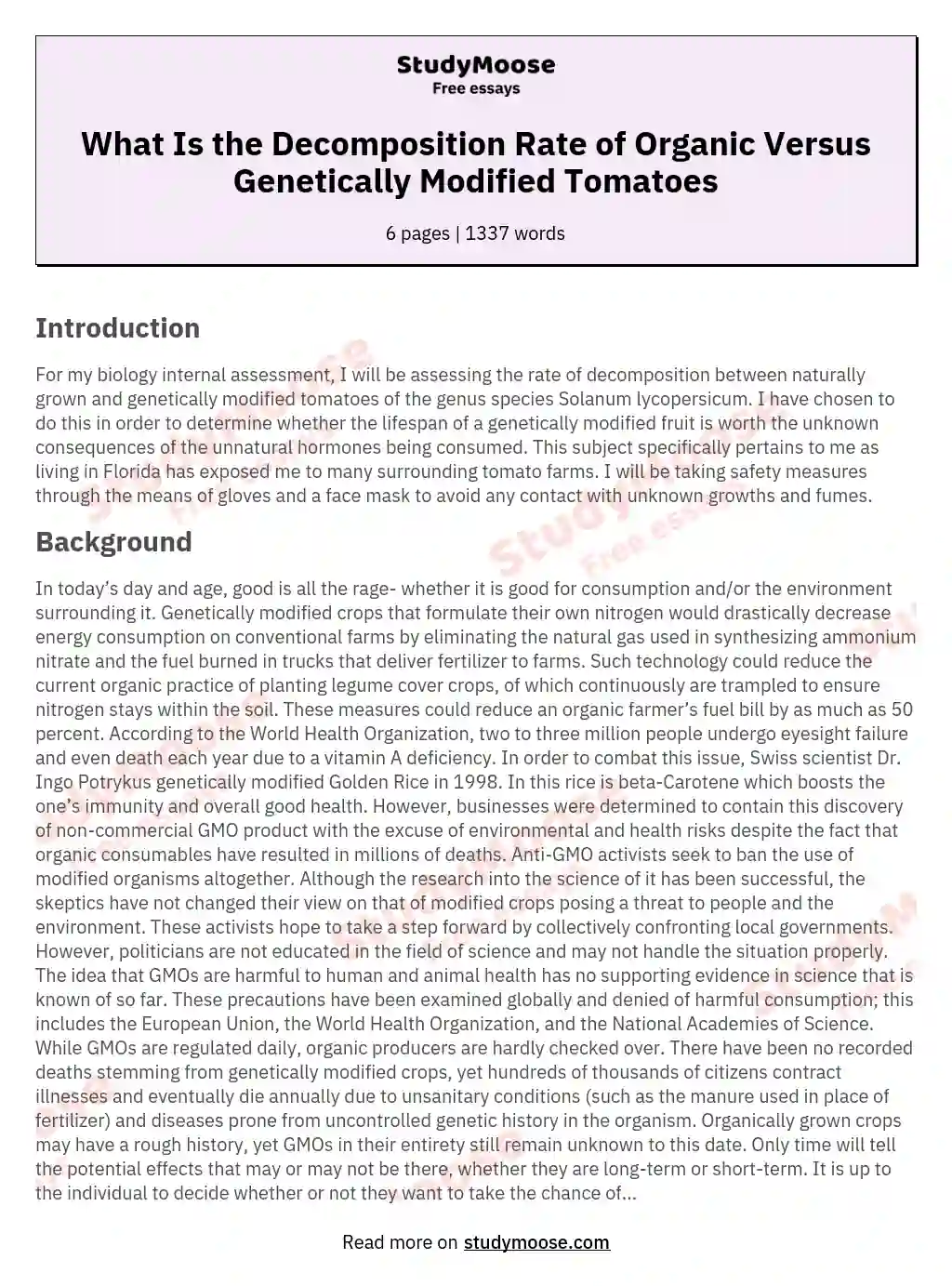 What Is the Decomposition Rate of Organic Versus Genetically Modified Tomatoes essay