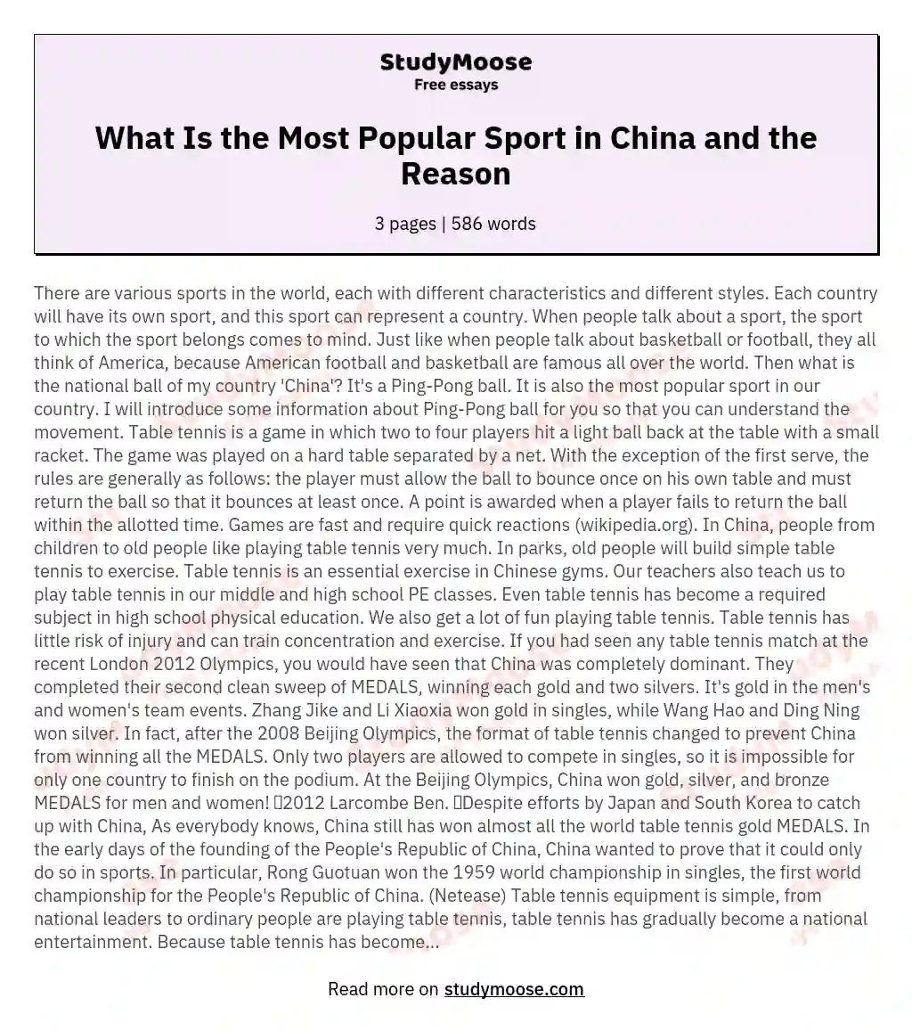 What Is the Most Popular Sport in China and the Reason essay
