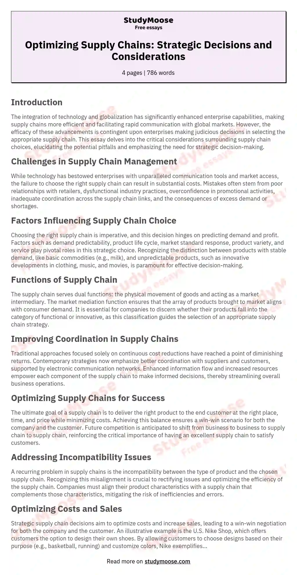 Optimizing Supply Chains: Strategic Decisions and Considerations essay
