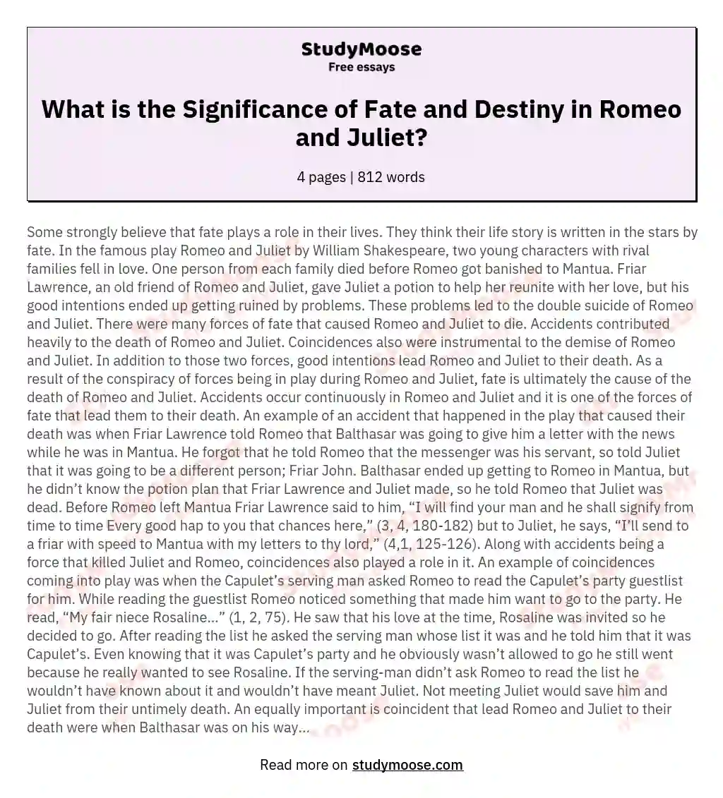 What is the Significance of Fate and Destiny in Romeo and Juliet? essay
