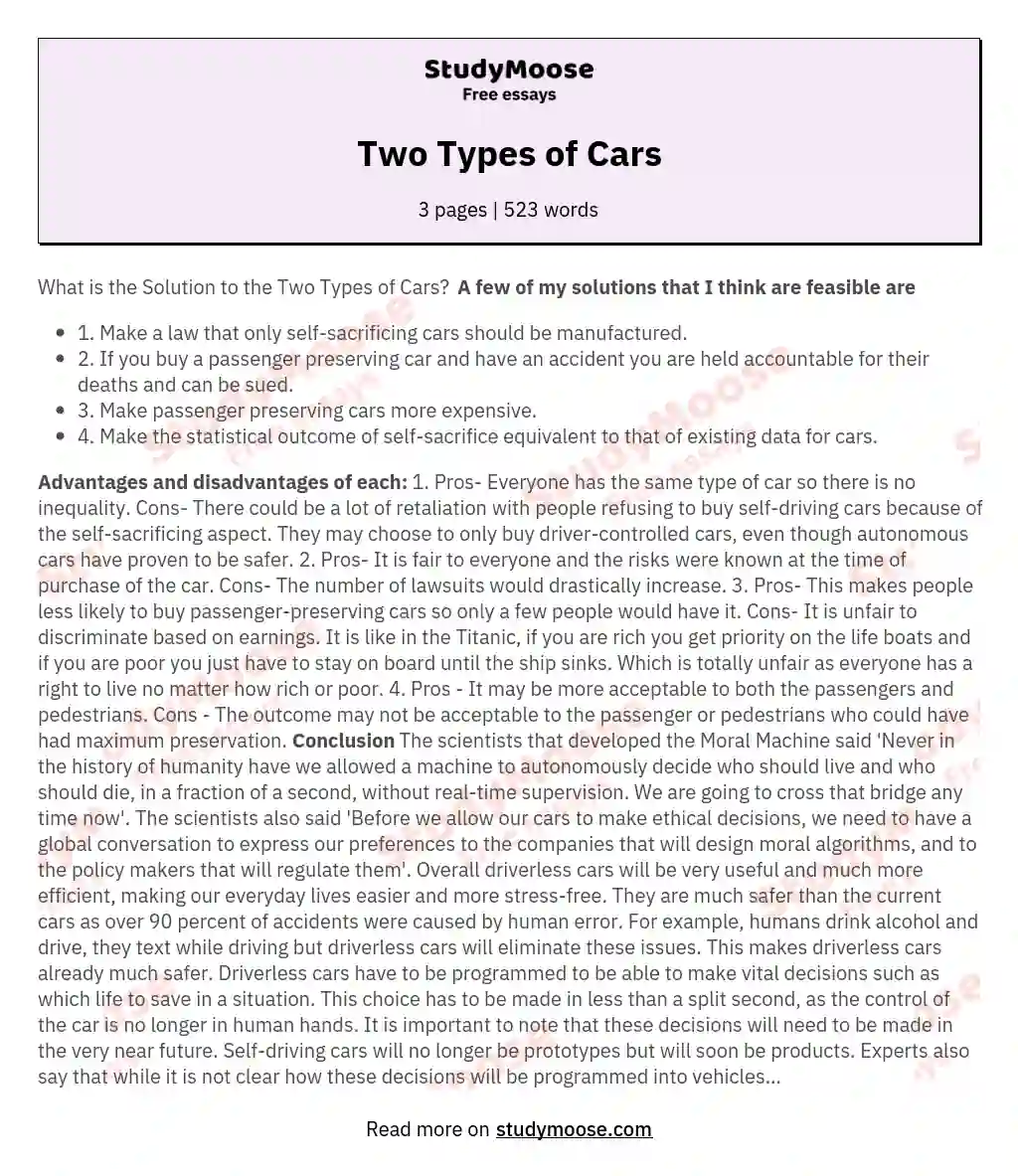 Two Types of Cars essay