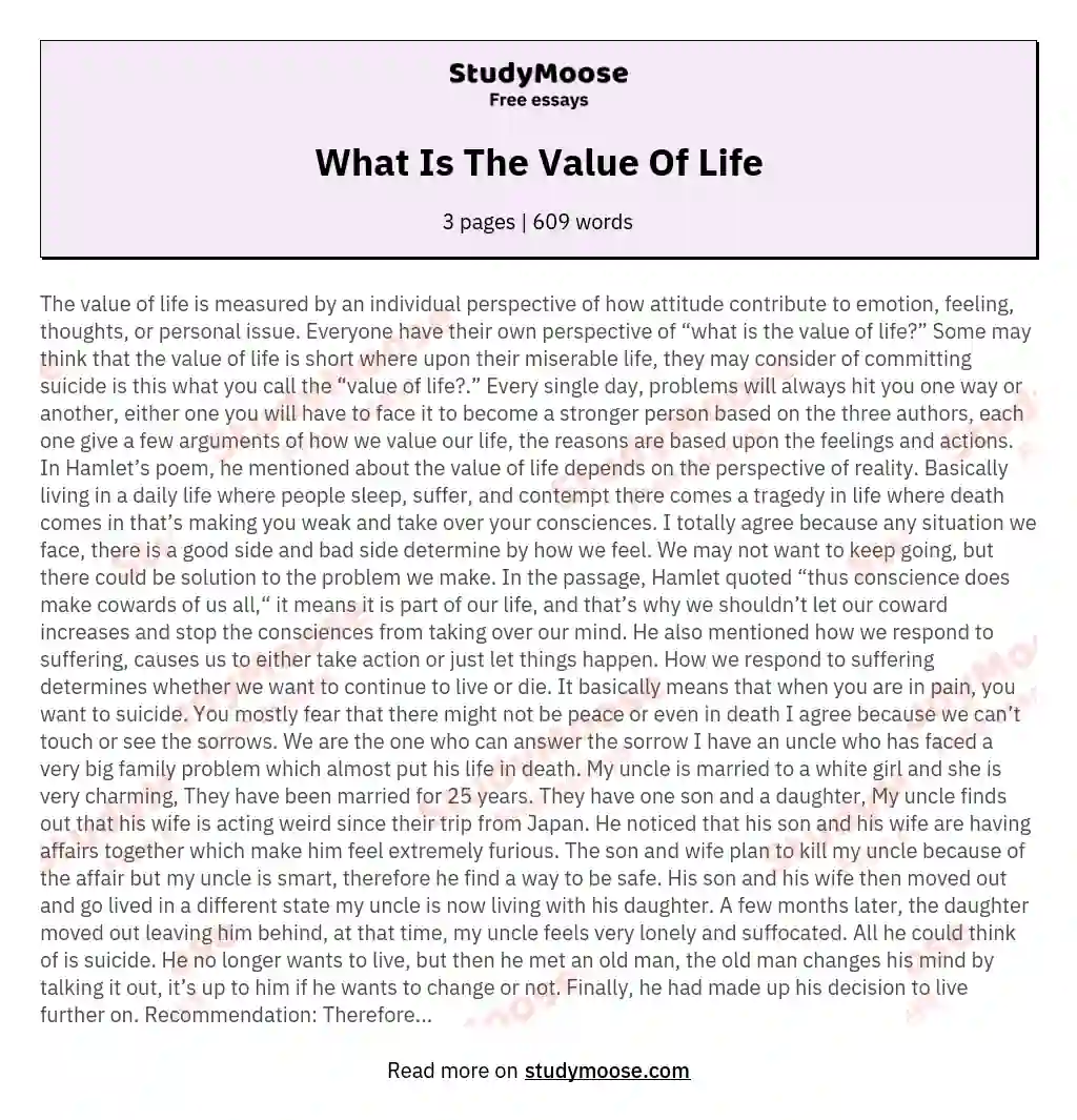 value of life essay 300 words