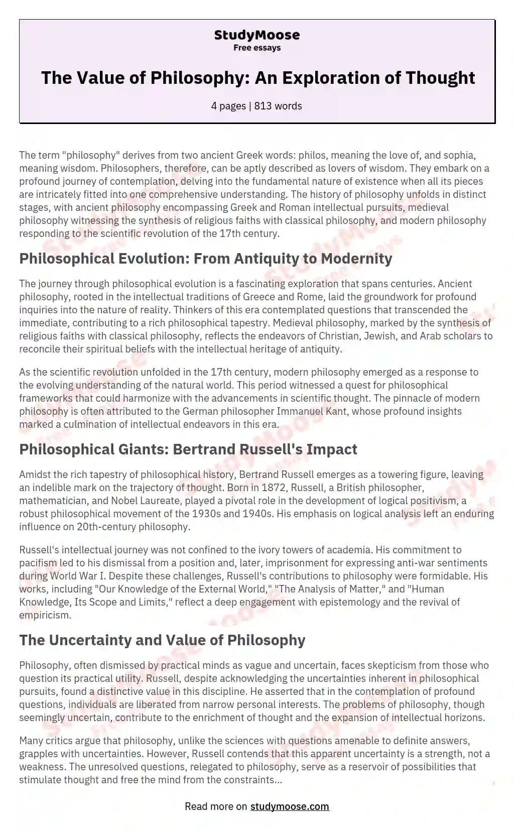 The Value of Philosophy: An Exploration of Thought essay