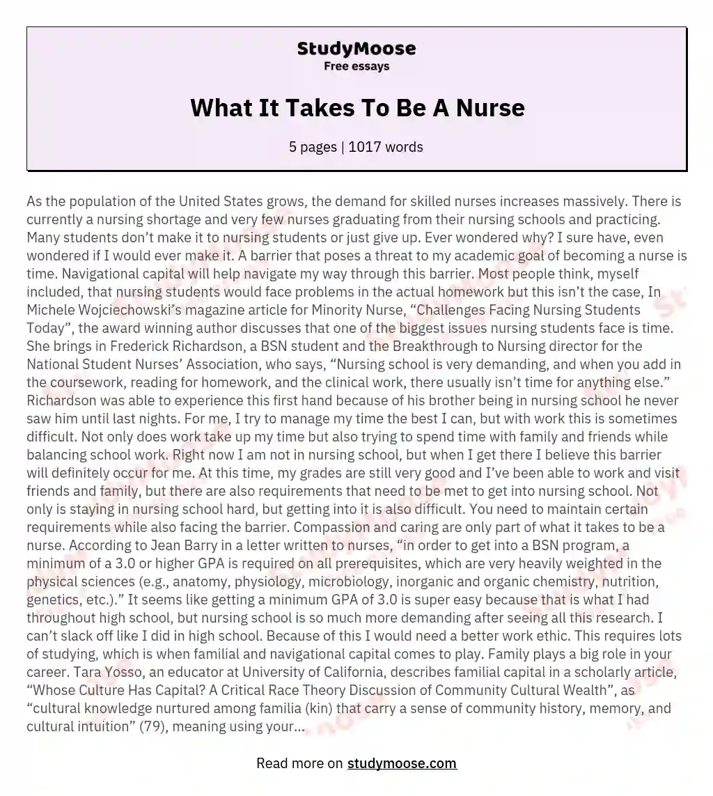 What It Takes To Be A Nurse essay