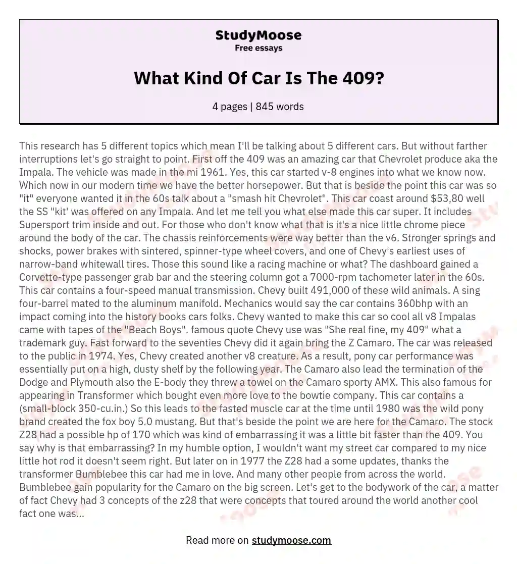 What Kind Of Car Is The 409? Free Essay Example