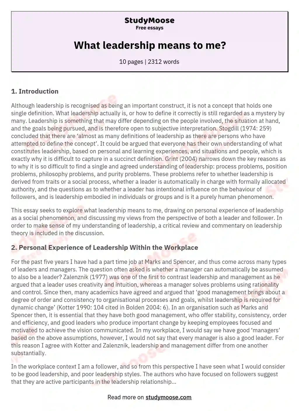 essay on what does leadership mean to me