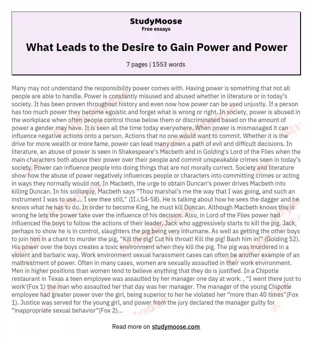 What Leads to the Desire to Gain Power and Power essay