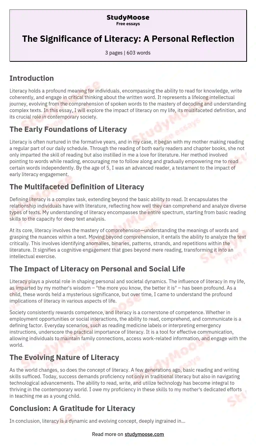 The Significance of Literacy: A Personal Reflection essay