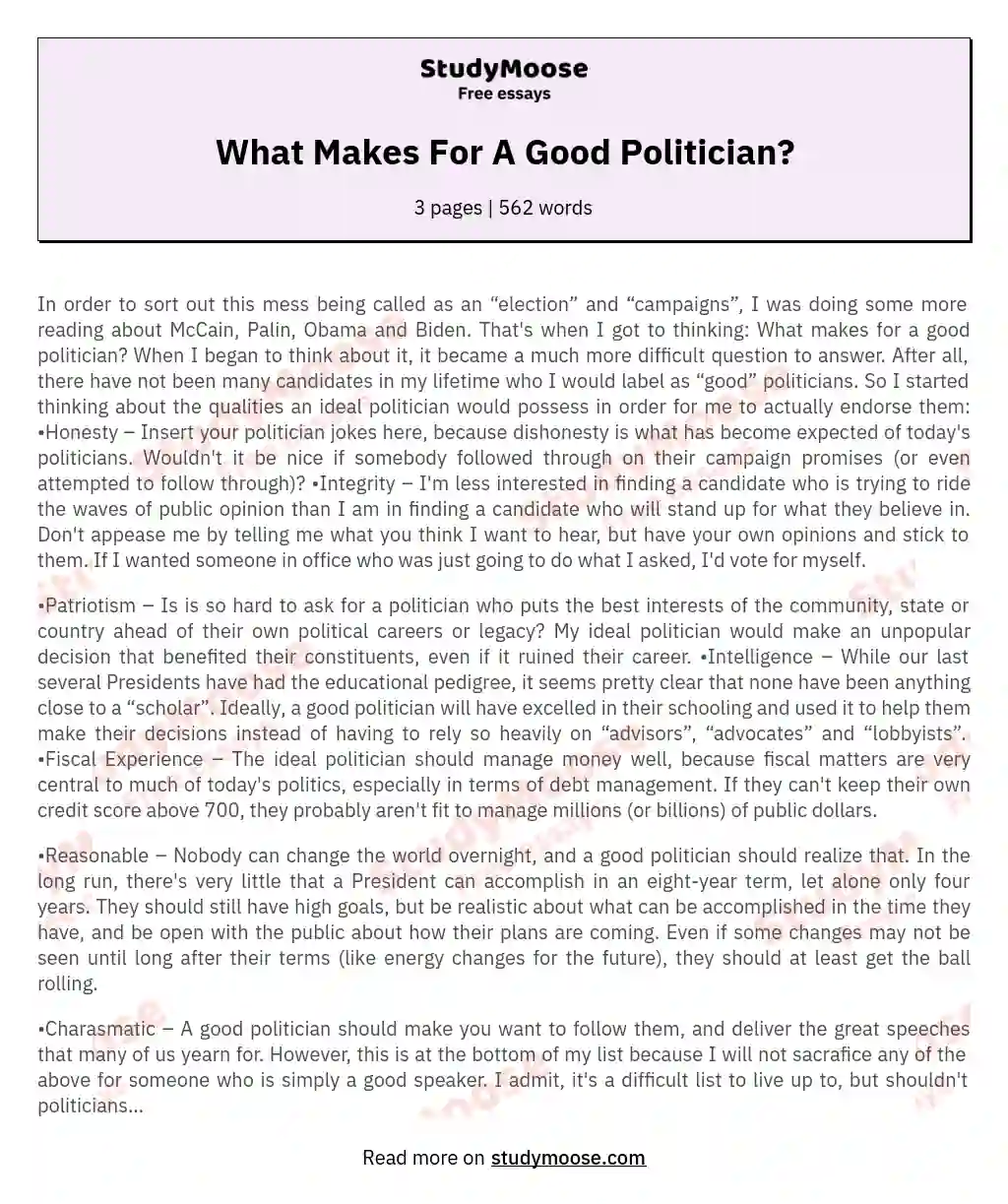 What Makes For A Good Politician? essay