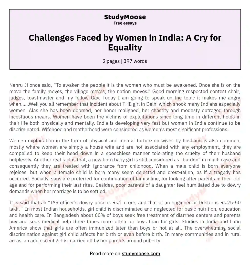 Challenges Faced by Women in India: A Cry for Equality essay