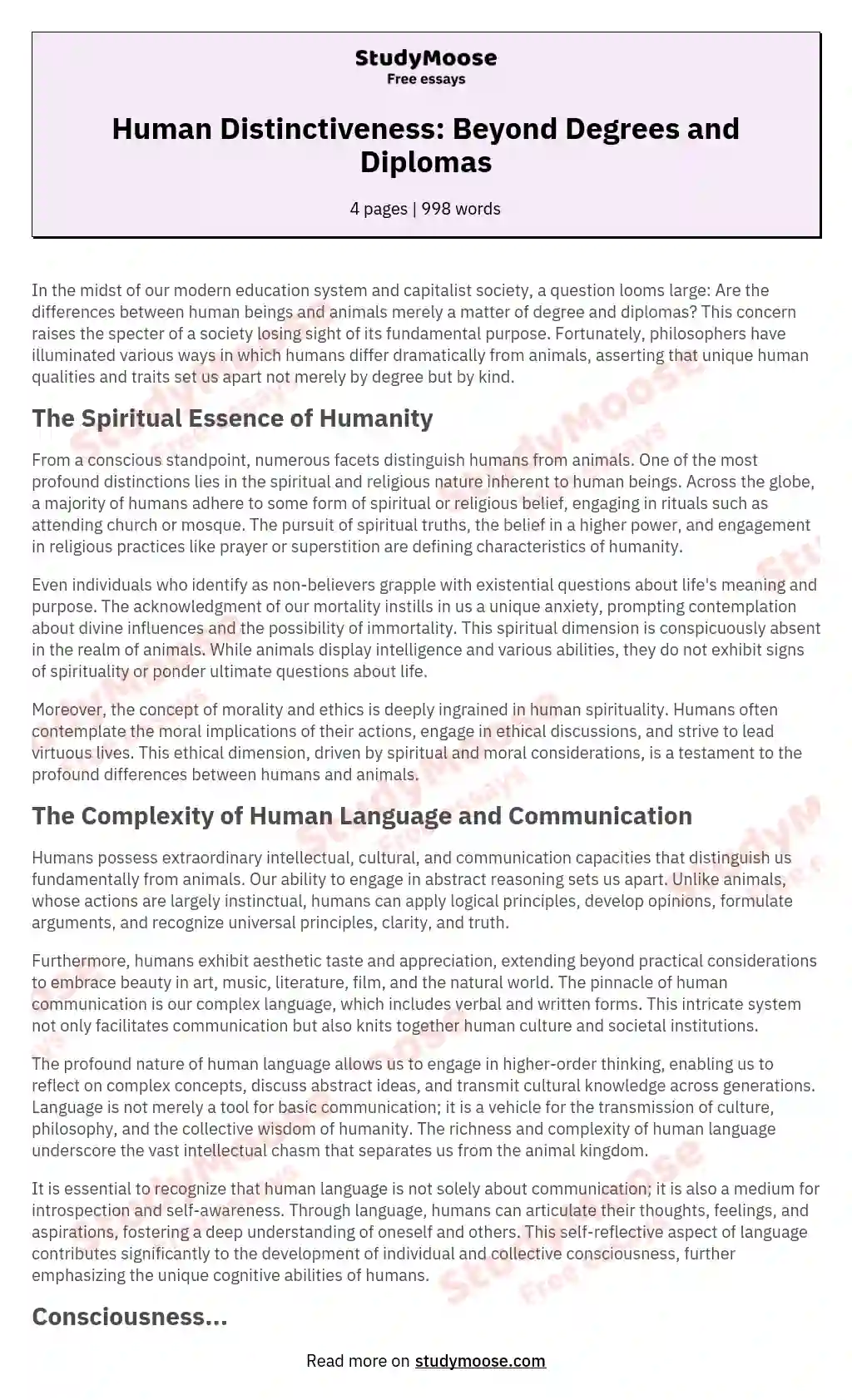 Human Distinctiveness: Beyond Degrees and Diplomas essay