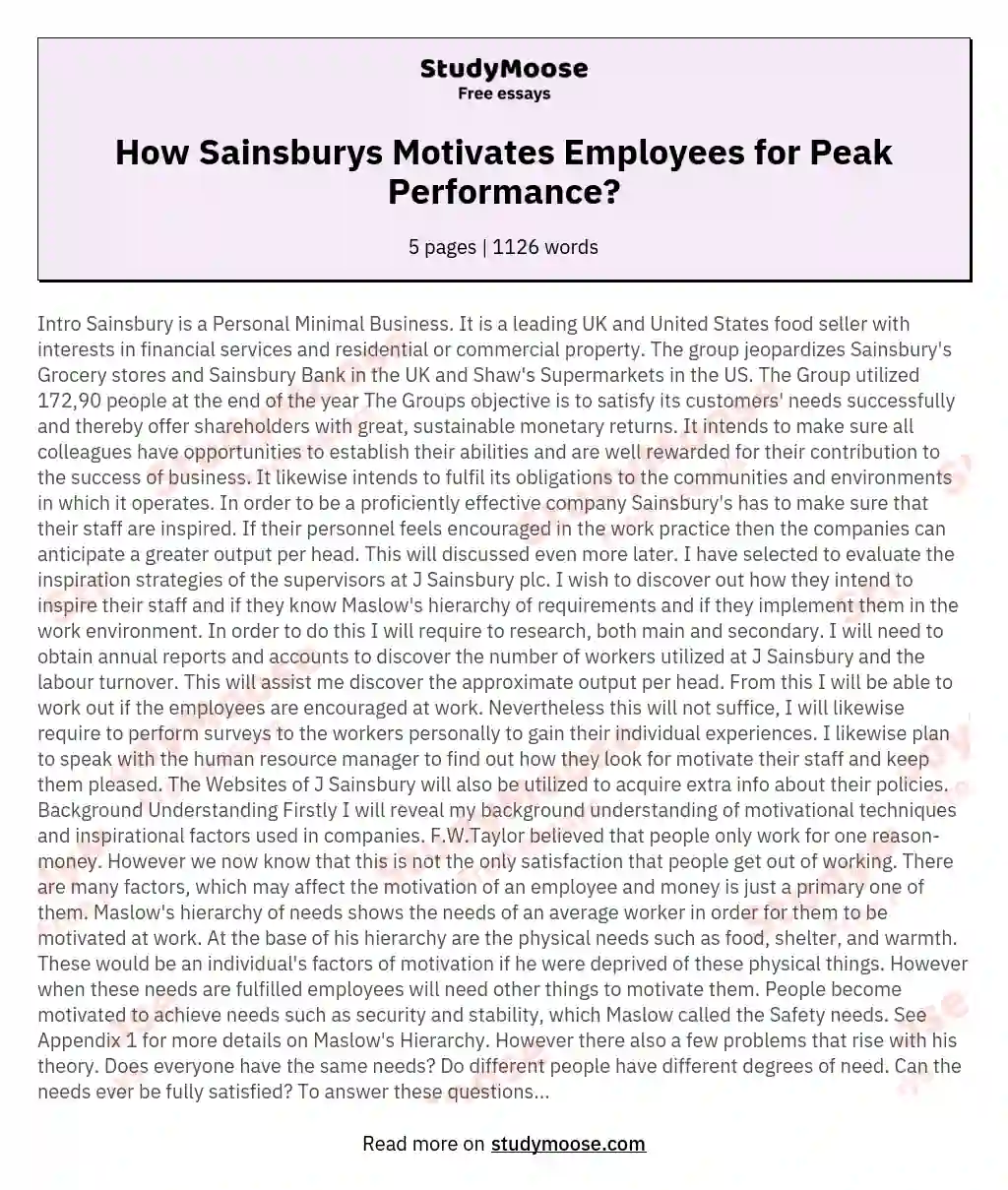 What motivational strategies does Sainsbury's use with its employees to maximise their overall performance?