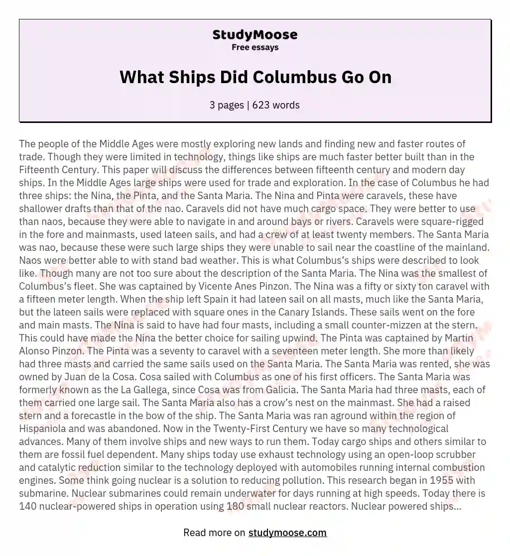 What Ships Did Columbus Go On Free Essay Example