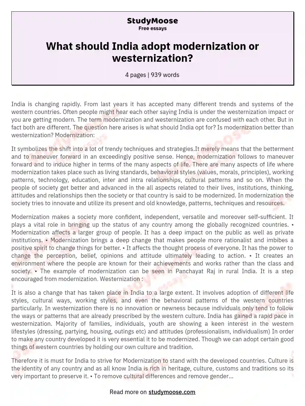 What should India adopt modernization or westernization? essay