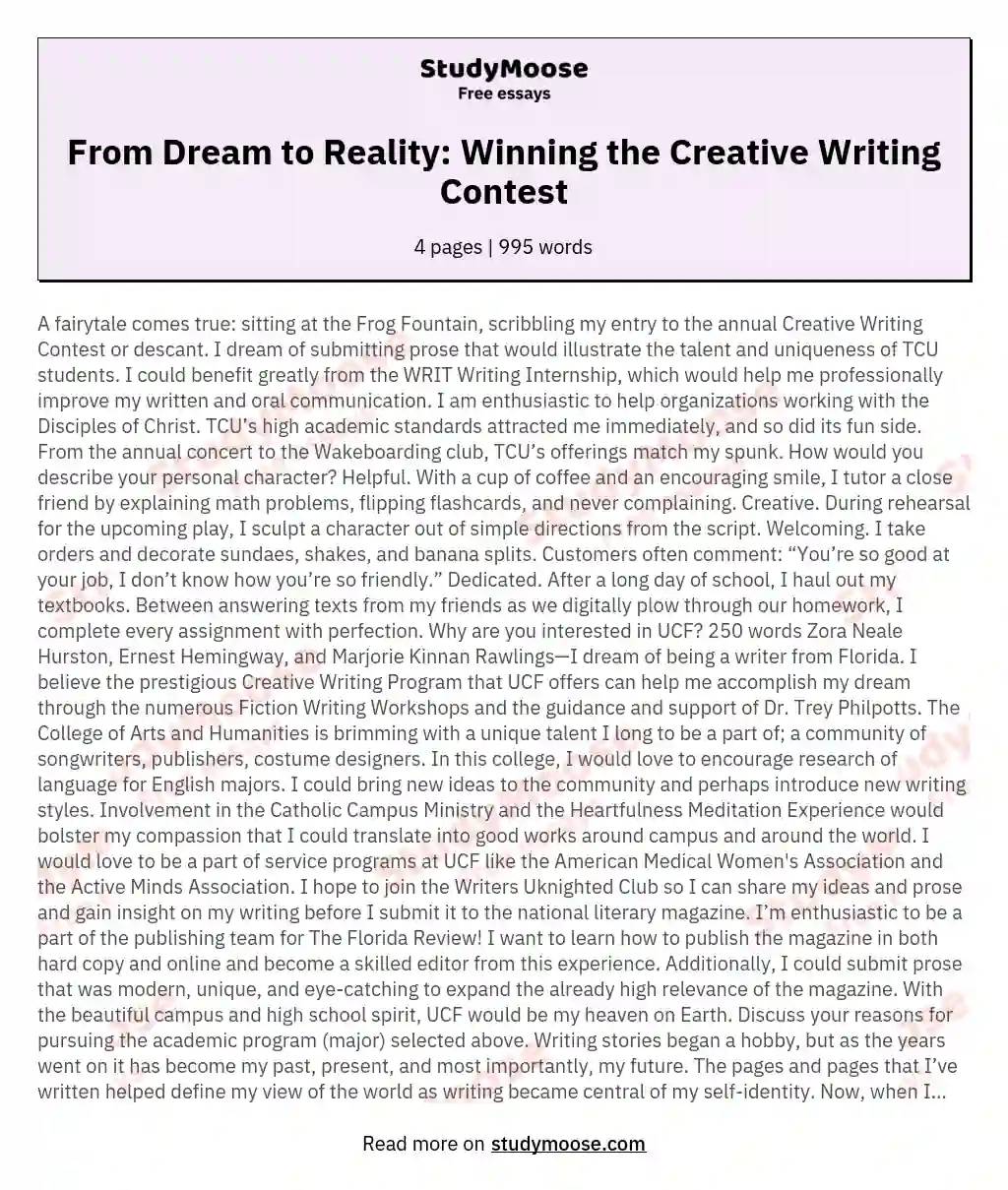 From Dream to Reality: Winning the Creative Writing Contest essay