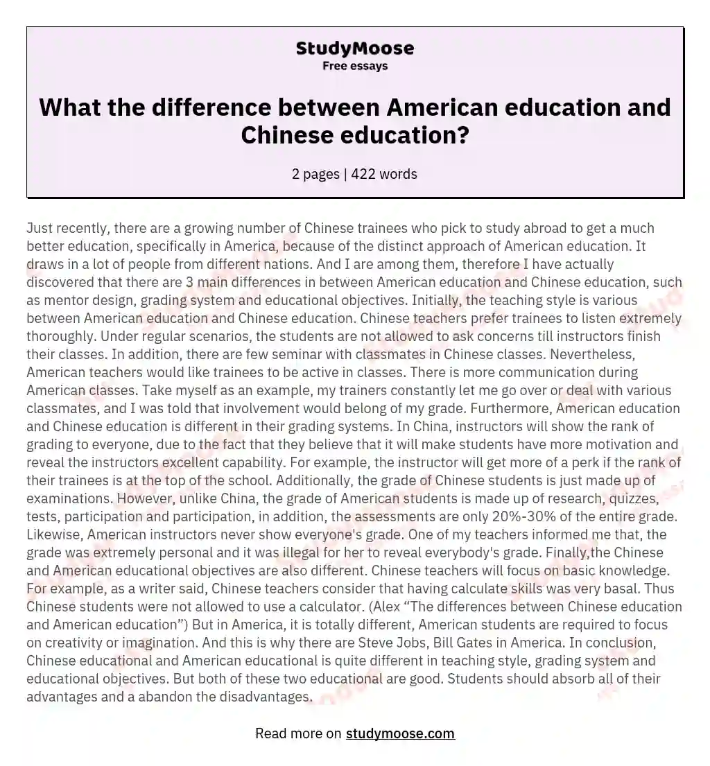 What the difference between American education and Chinese education? essay