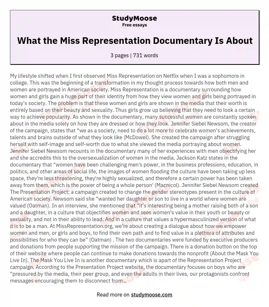 What the Miss Representation Documentary Is About essay