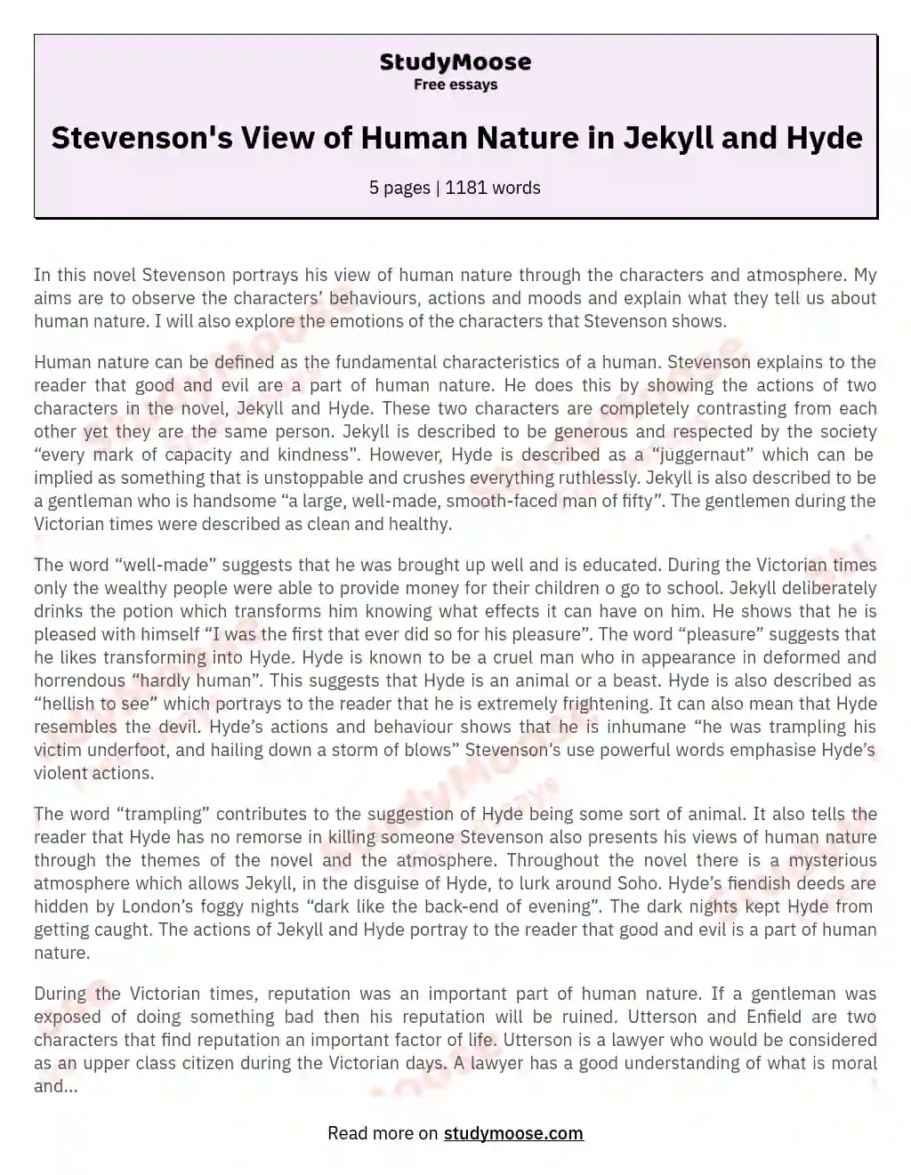 Stevenson's View of Human Nature in Jekyll and Hyde