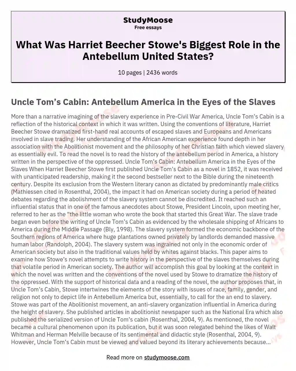 What Was Harriet Beecher Stowe's Biggest Role in the Antebellum United States? essay