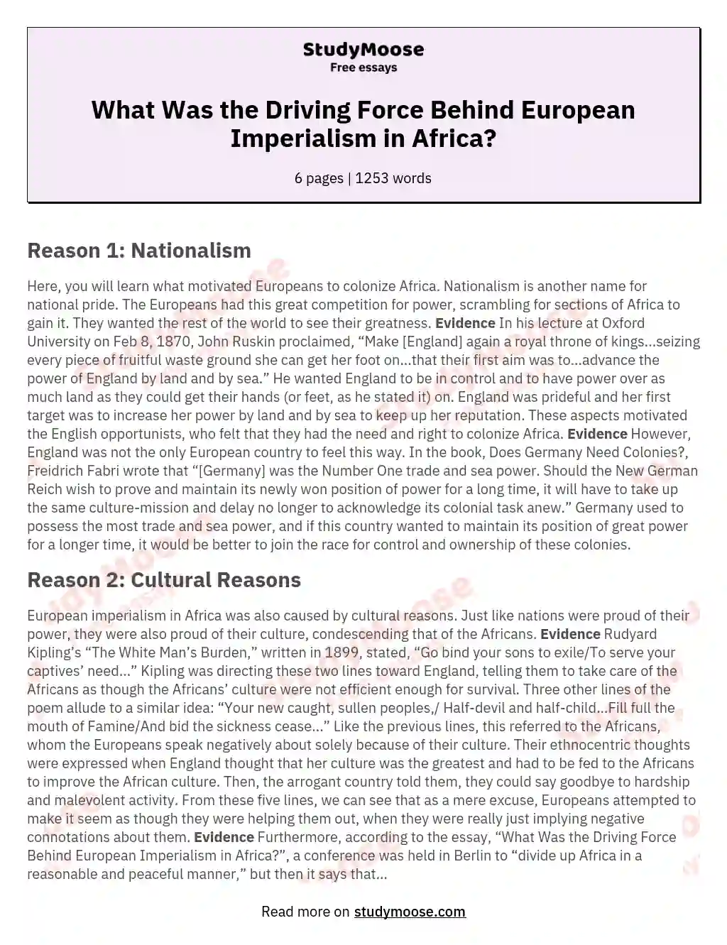 What Was the Driving Force Behind European Imperialism in Africa? essay