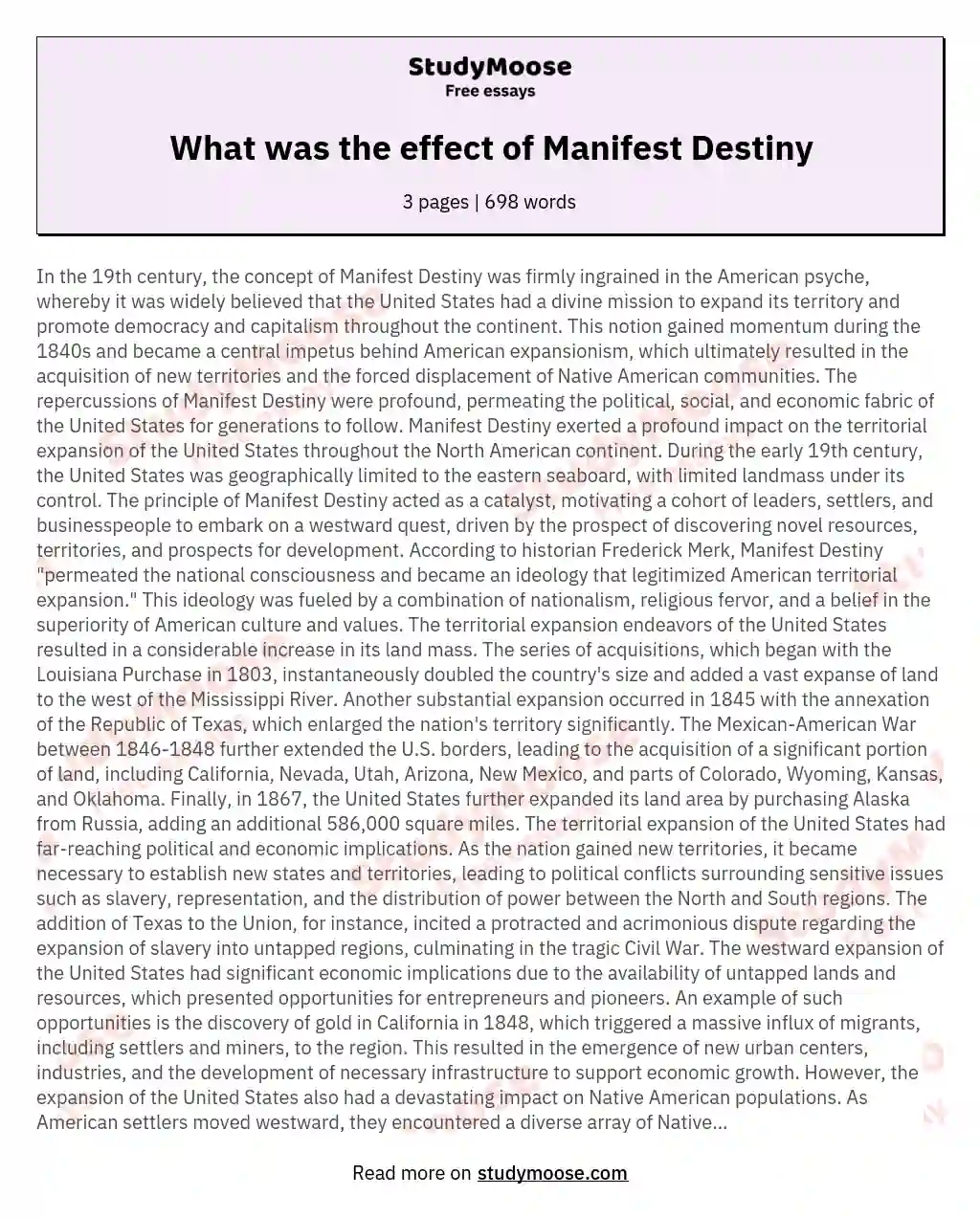 What was the effect of Manifest Destiny essay