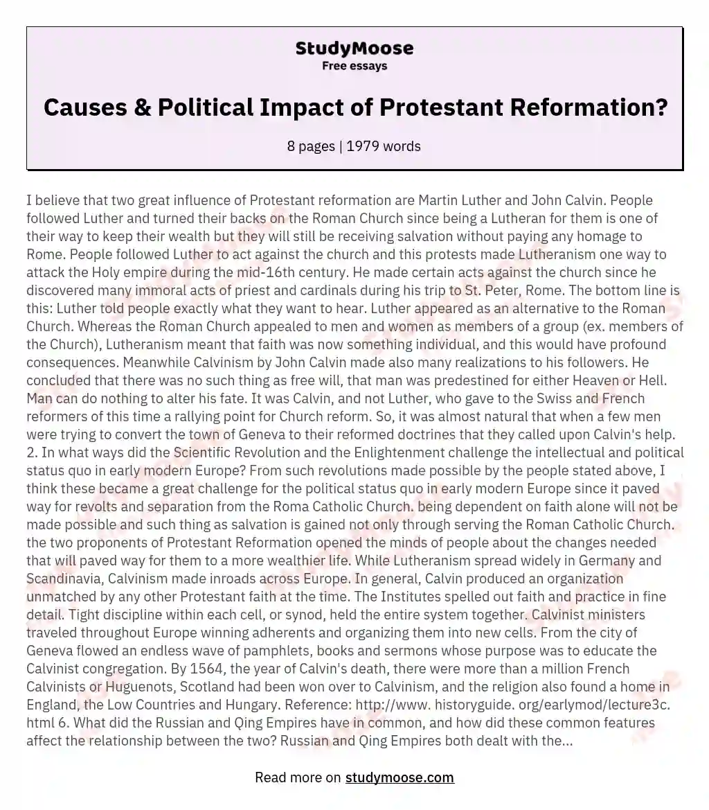 Causes & Political Impact of Protestant Reformation?