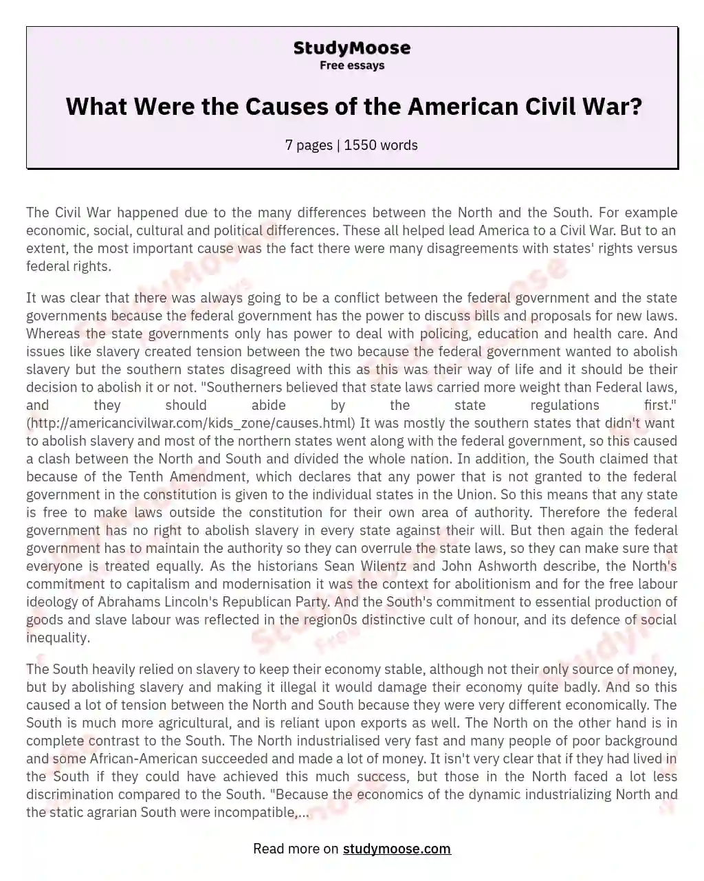 What Were the Causes of the American Civil War? essay