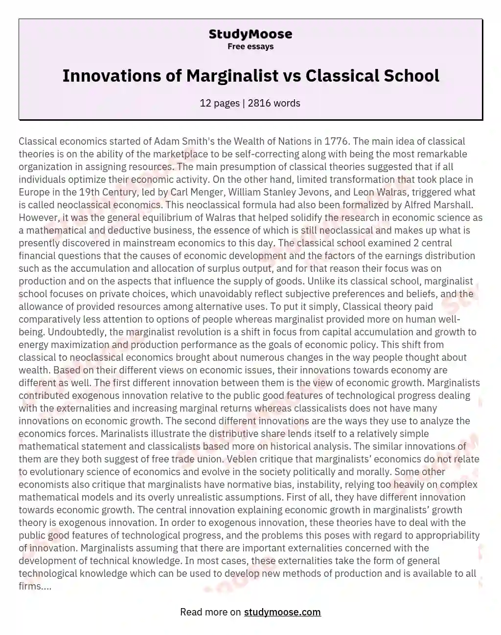 Innovations of Marginalist vs Classical School essay