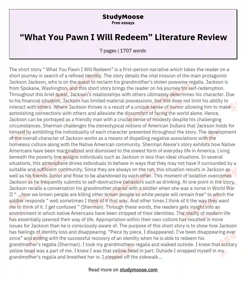 “What You Pawn I Will Redeem” Literature Review essay
