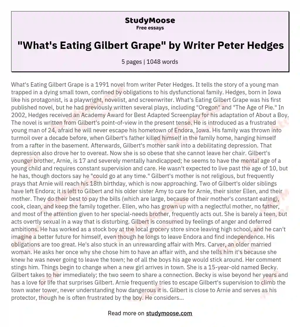 "What's Eating Gilbert Grape" by Writer Peter Hedges essay