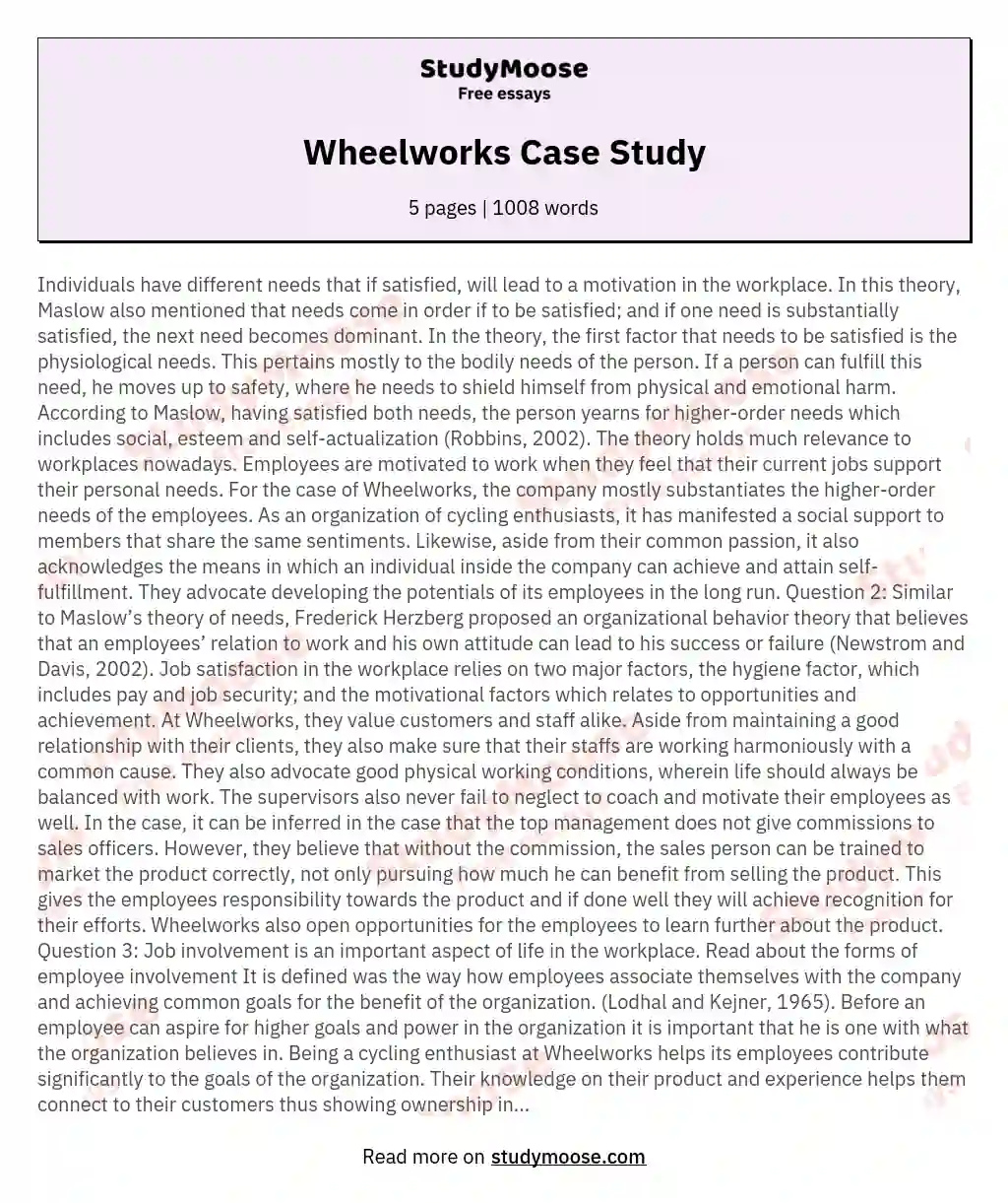 Wheelworks Case Study essay