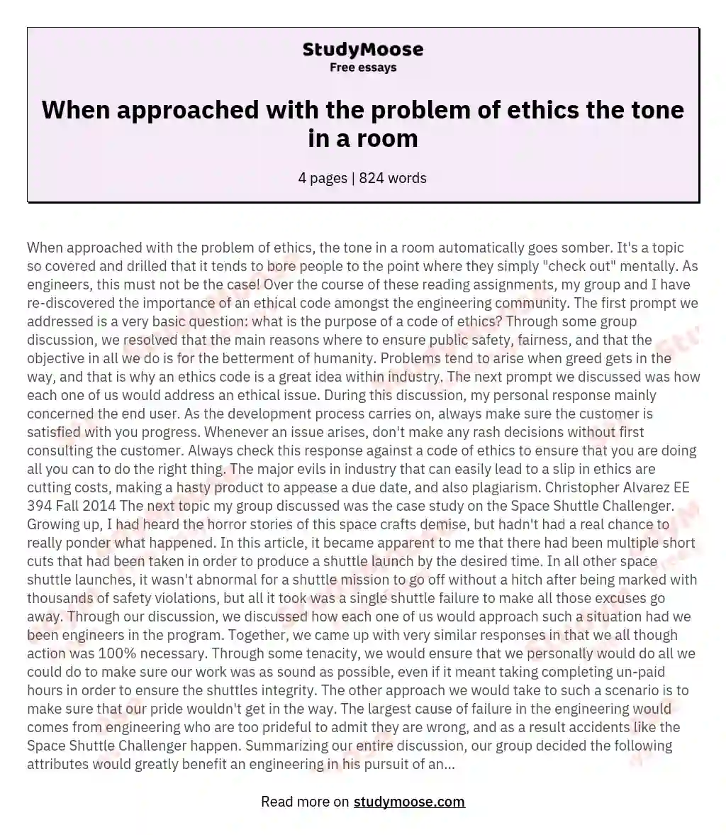 When approached with the problem of ethics the tone in a room essay