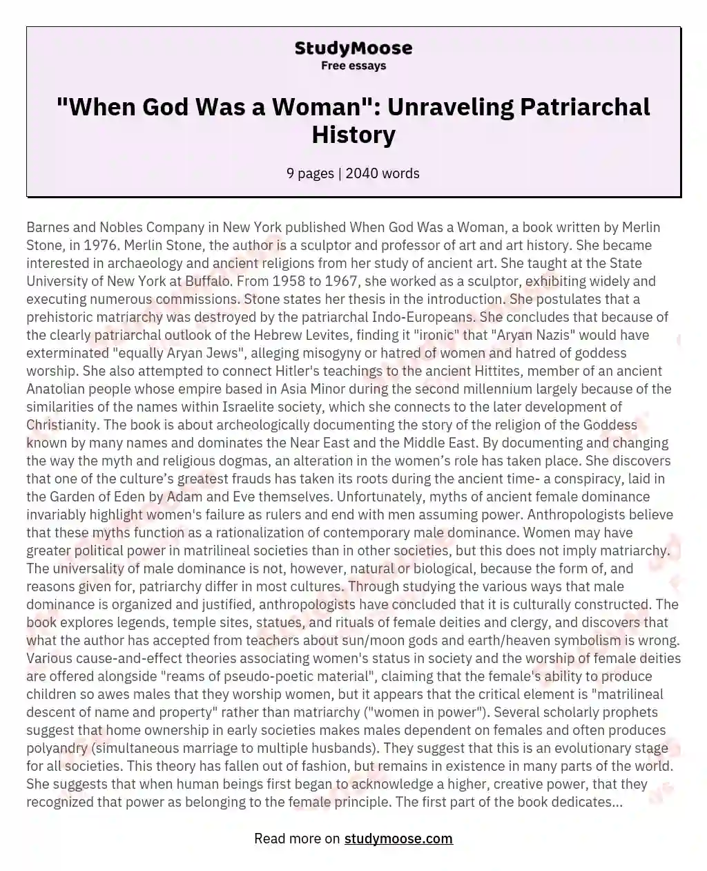 "When God Was a Woman": Unraveling Patriarchal History essay