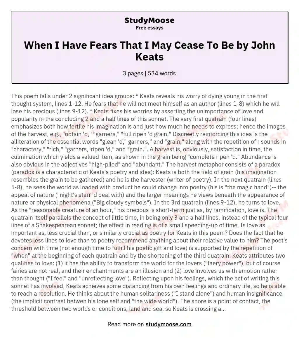 When I Have Fears That I May Cease To Be by John Keats essay
