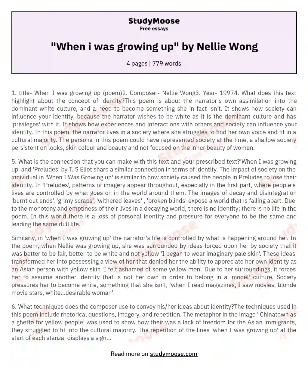 "When i was growing up" by Nellie Wong essay