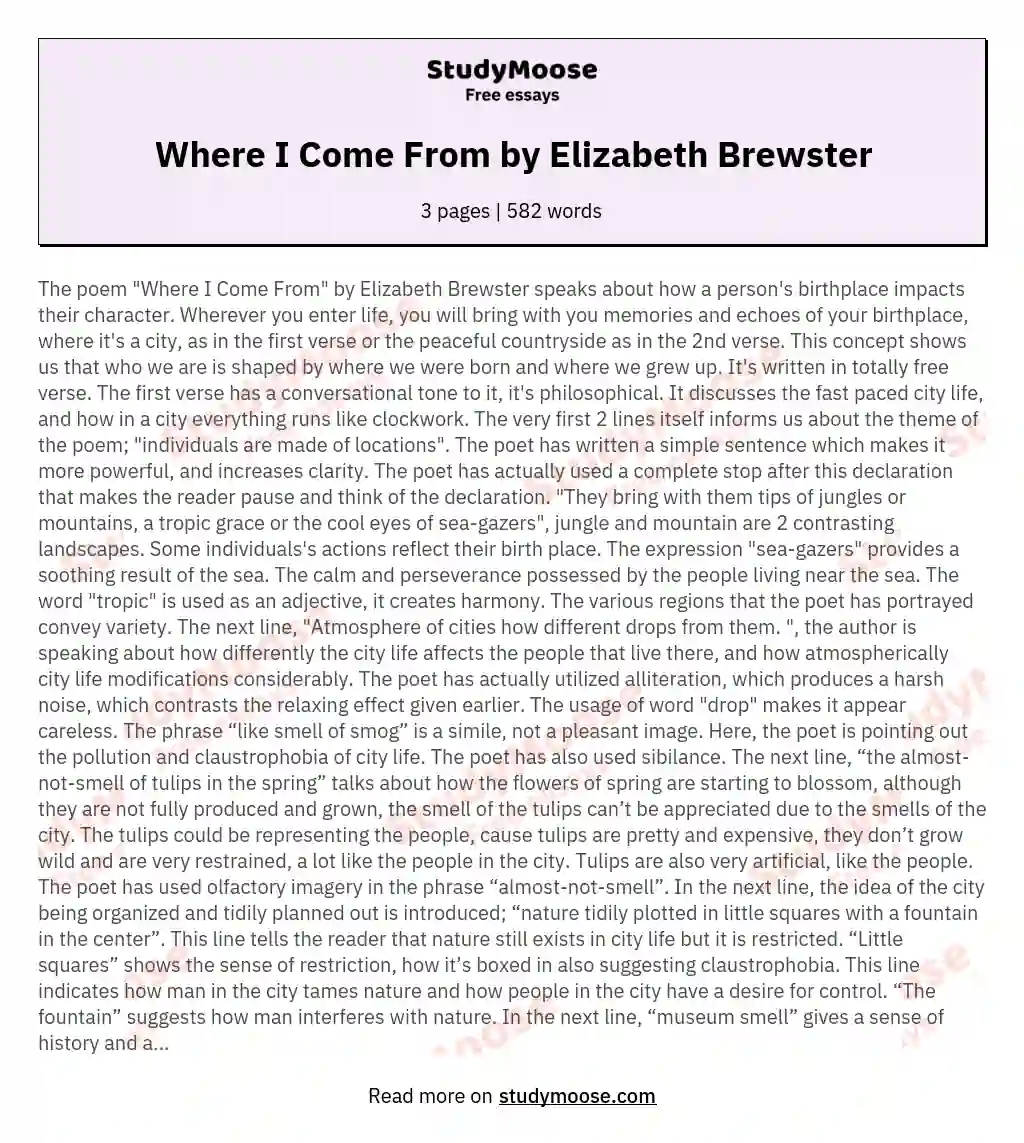 Where I Come From by Elizabeth Brewster essay