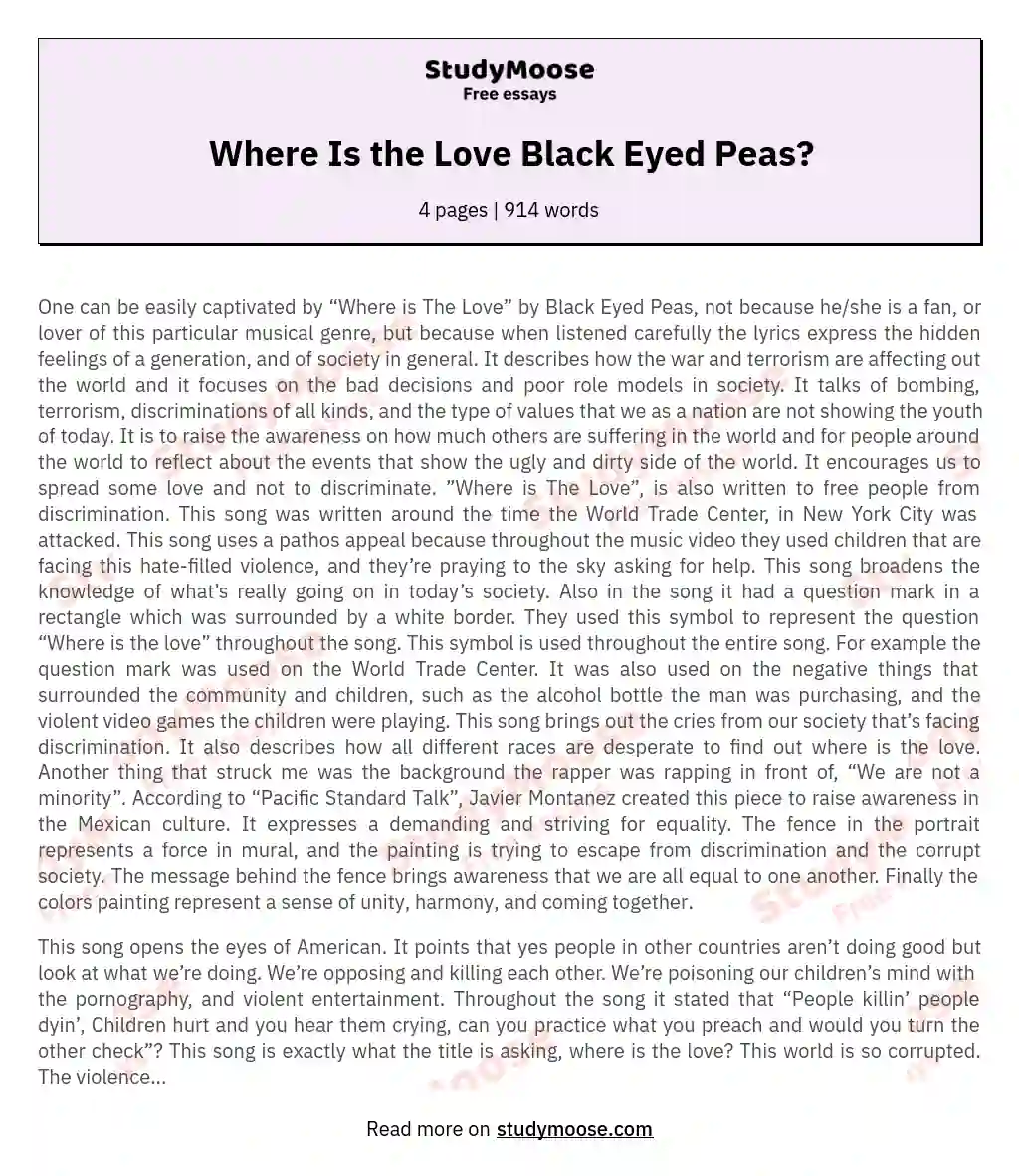 Where Is the Love Black Eyed Peas? essay