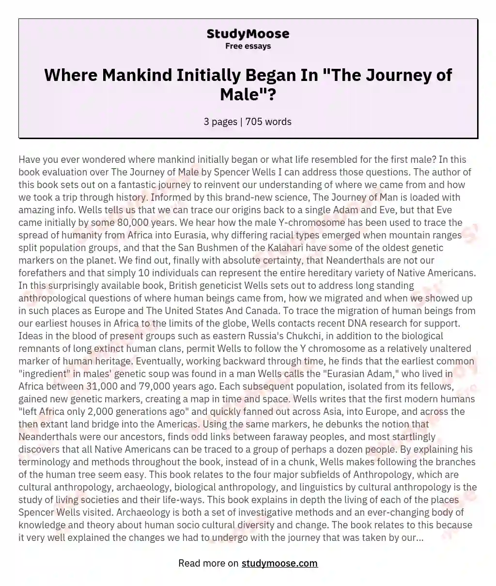 Where Mankind Initially Began In "The Journey of Male"? essay
