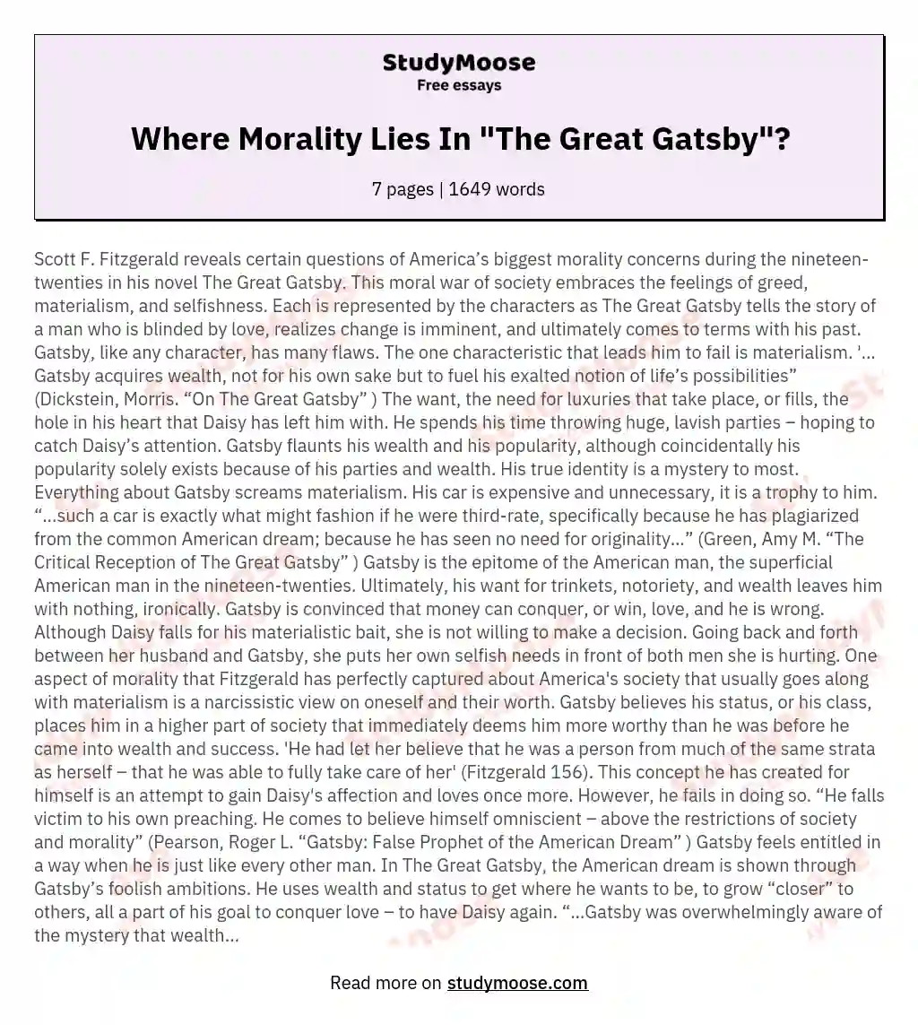 Where Morality Lies In "The Great Gatsby"? essay