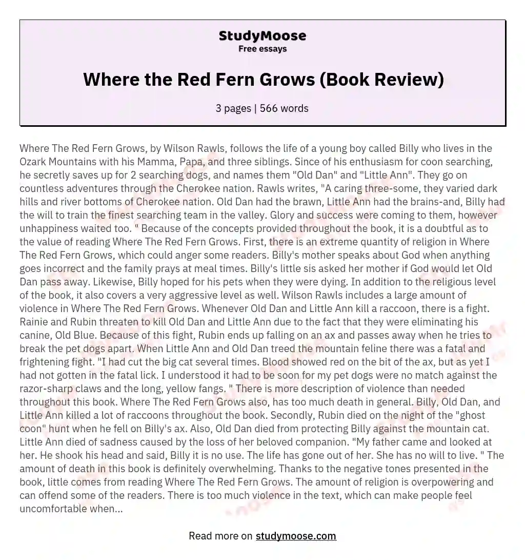 Where the Red Fern Grows (Book Review) essay