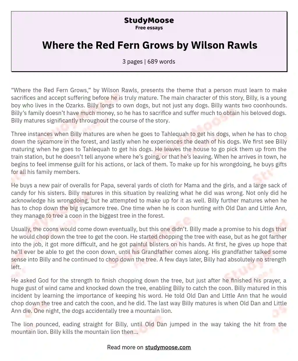 Where the Red Fern Grows by Wilson Rawls essay