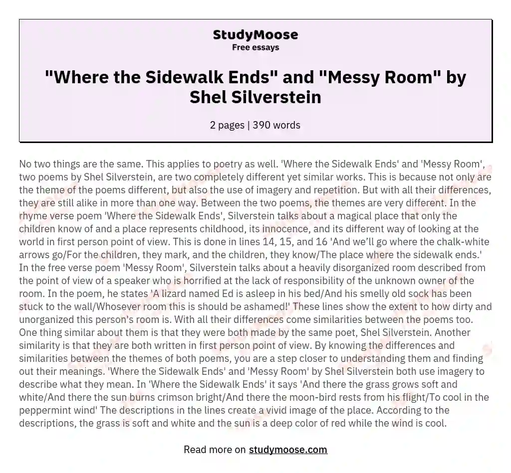 "Where the Sidewalk Ends" and "Messy Room"  by Shel Silverstein essay
