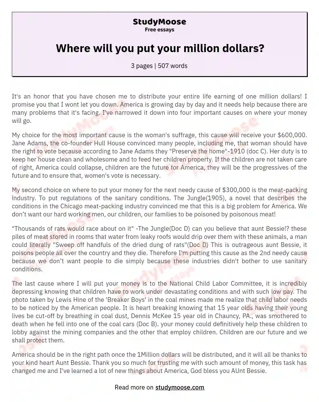 Where will you put your million dollars? essay