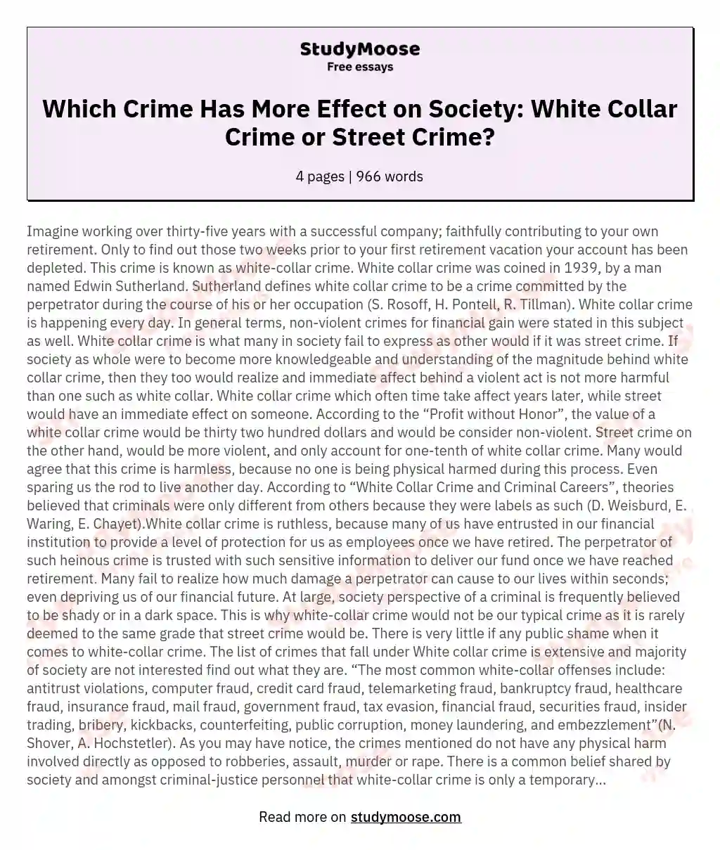 Which Crime Has More Effect on Society: White Collar Crime or Street Crime?