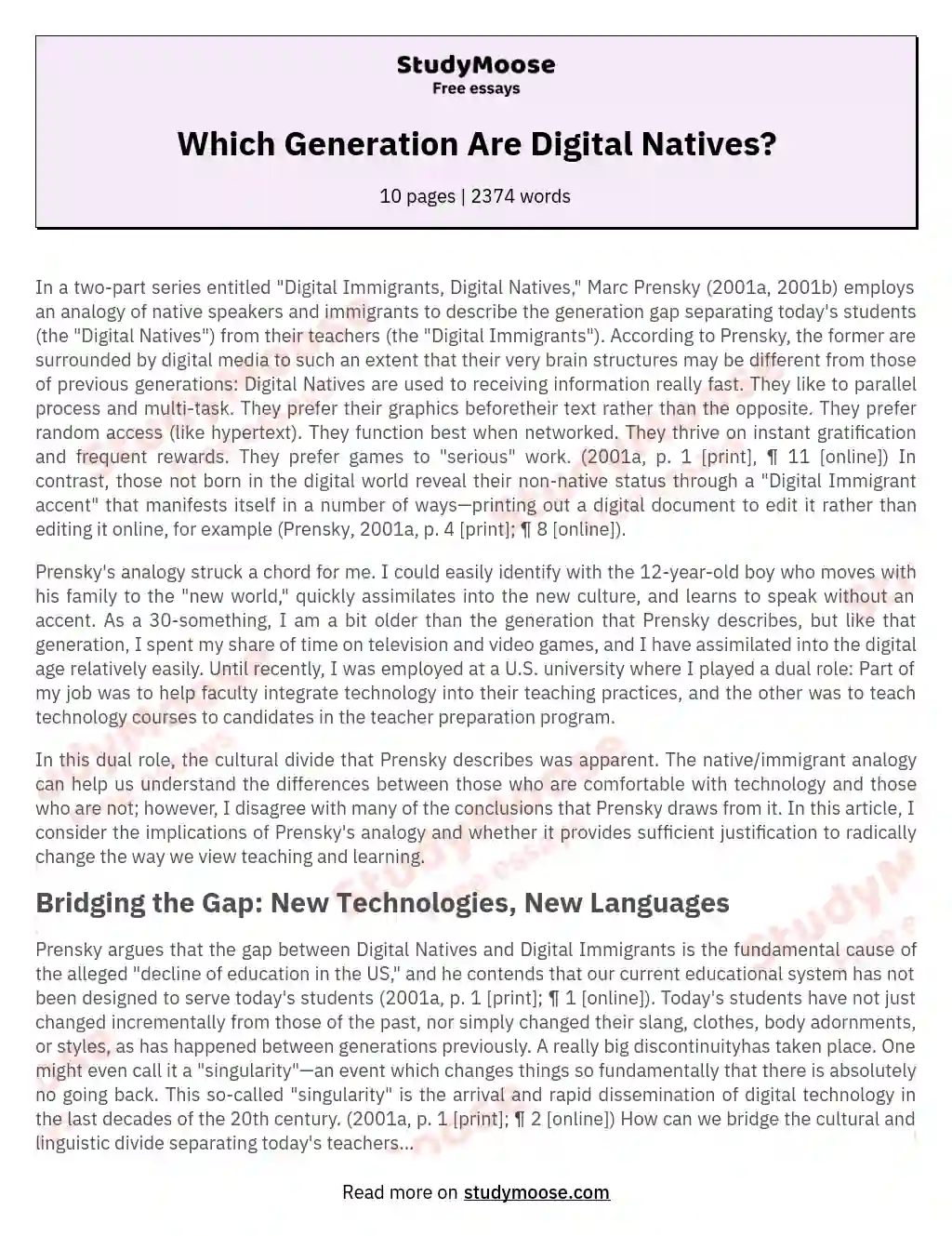 digital natives and digital immigrants essay