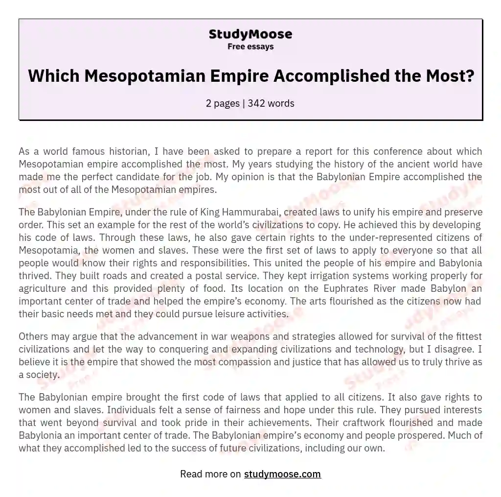 Which Mesopotamian Empire Accomplished the Most? essay