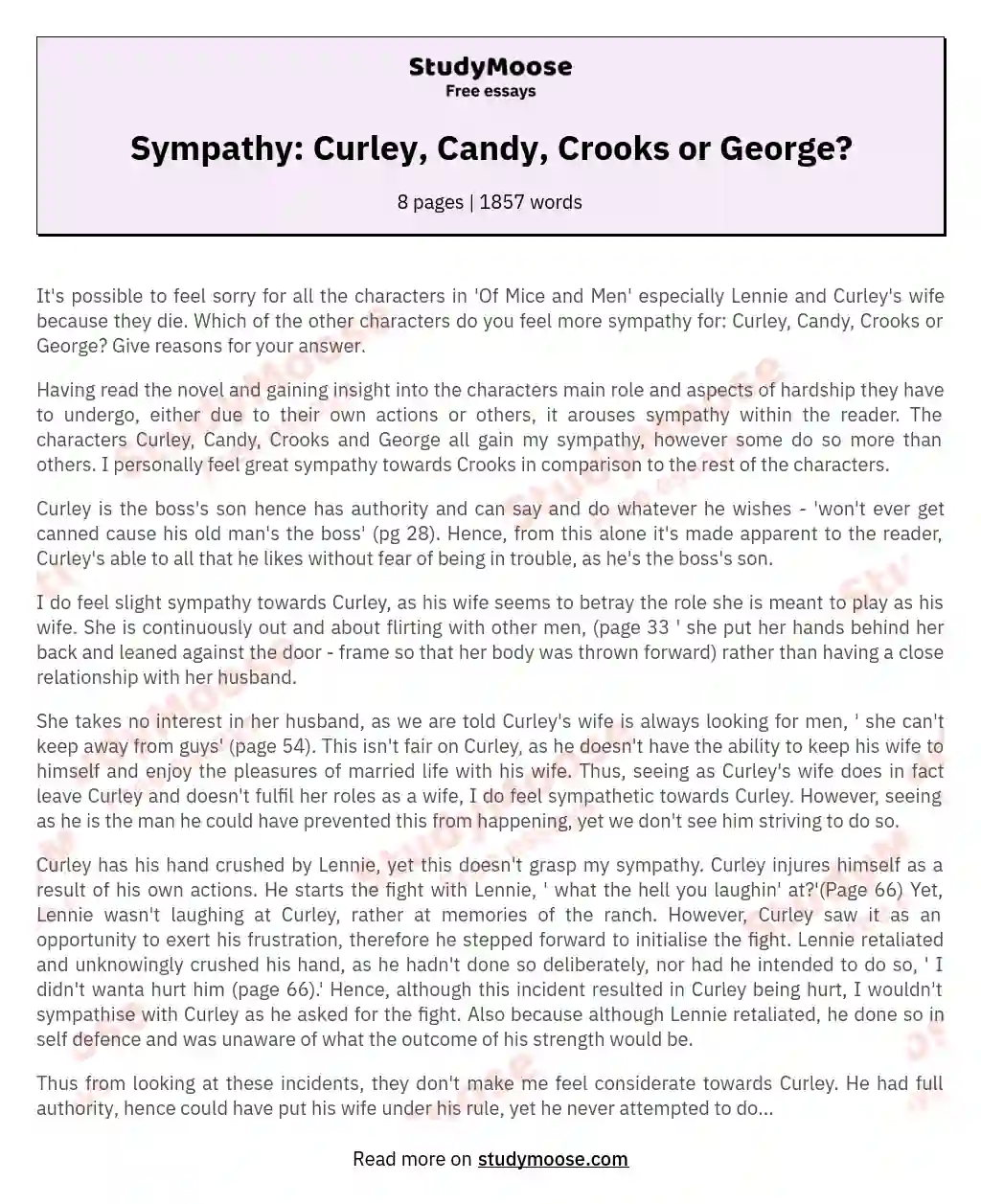 Sympathy: Curley, Candy, Crooks or George? essay