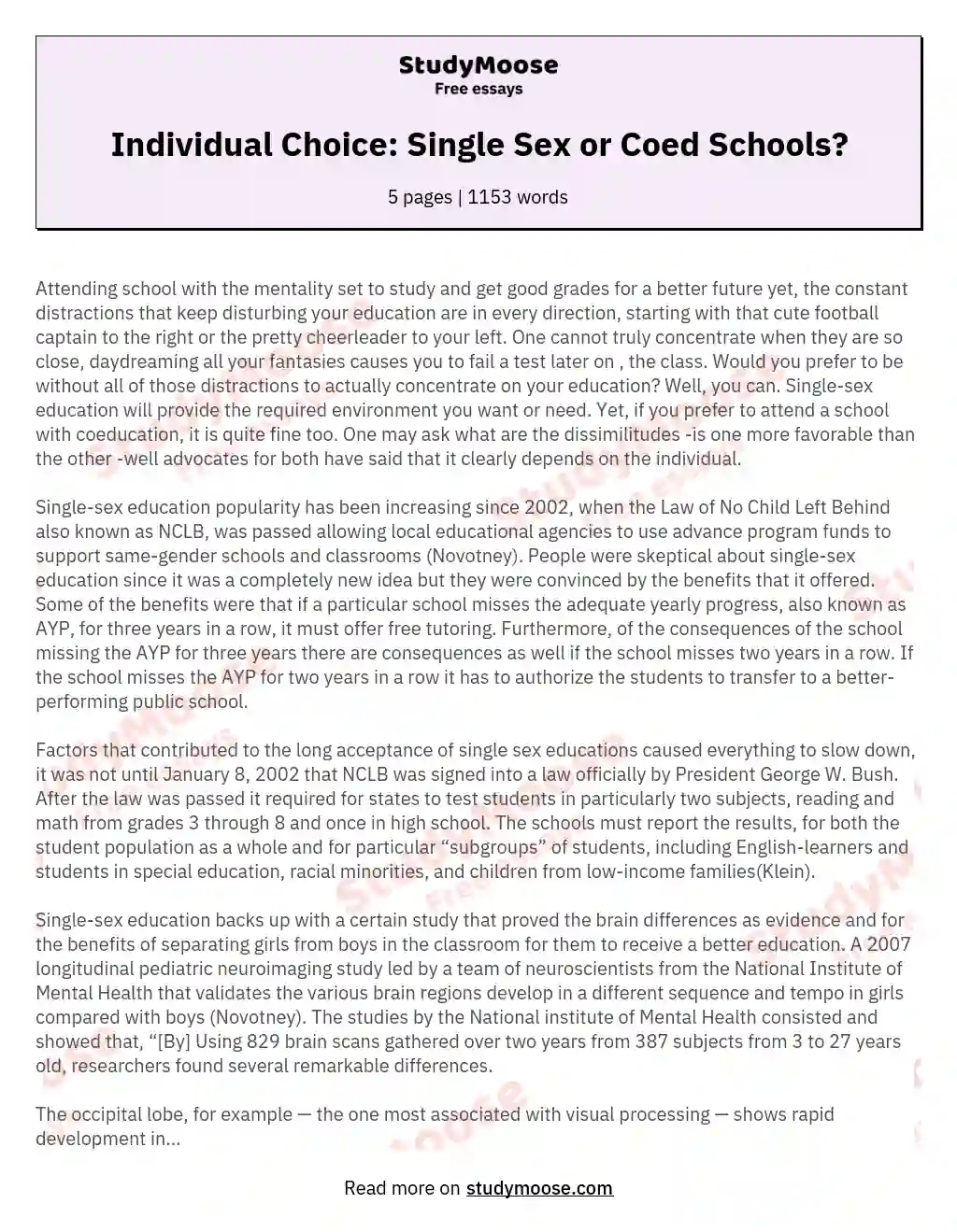 Individual Choice: Single Sex or Coed Schools? essay