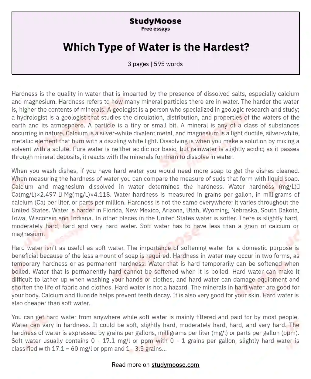 Which Type of Water is the Hardest? essay